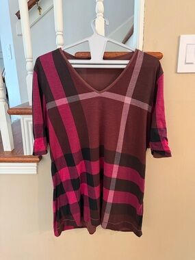Burberry Women’s Reversible V-Neck Plaid Short Sleeve Top - Pink, Oxblood